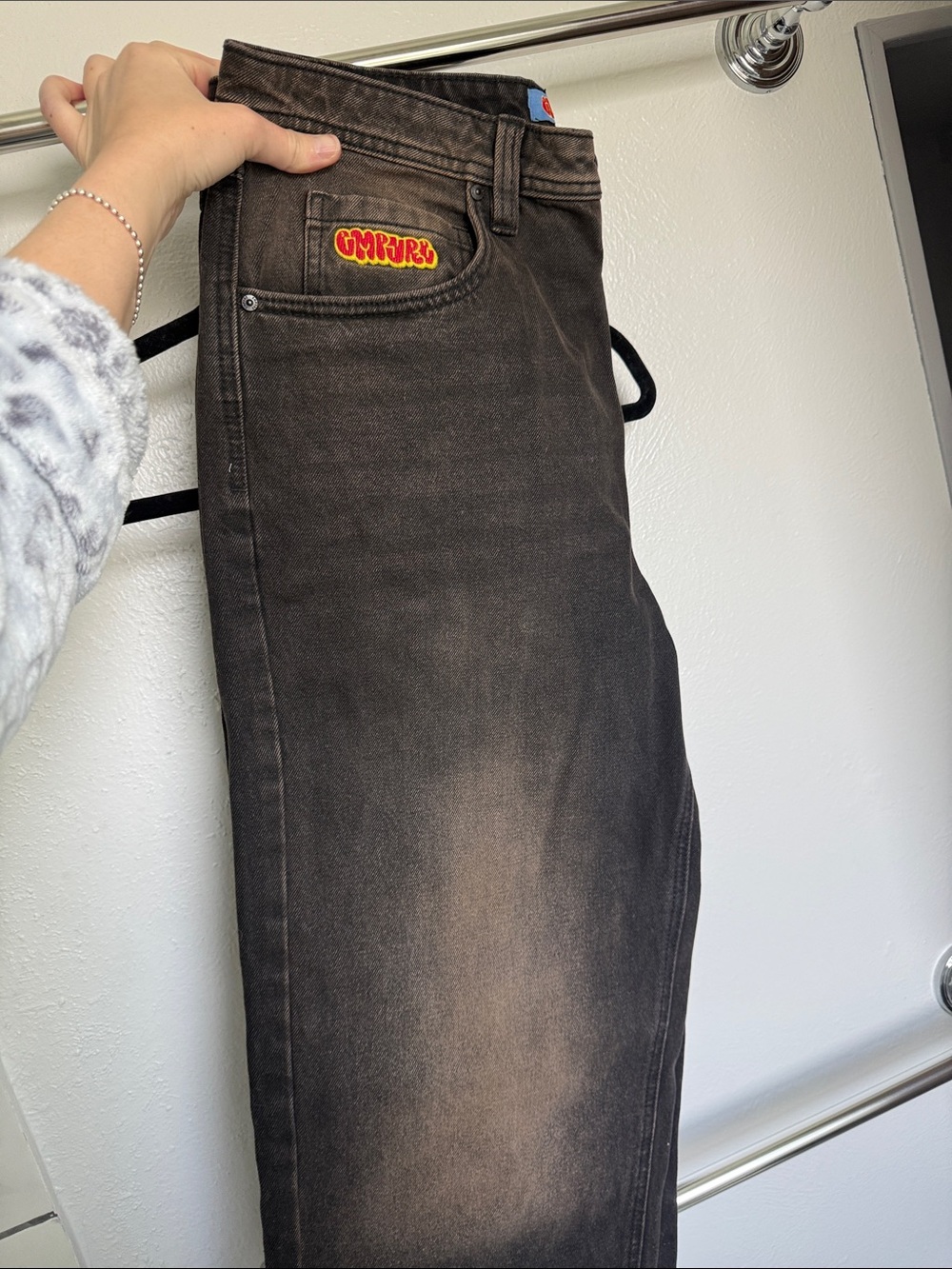 Men's Black Washed Distressed with Rust Accent Jeans